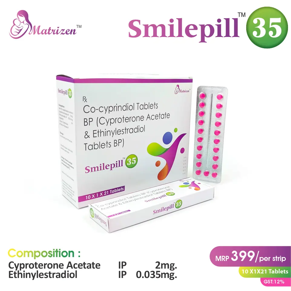 Cyproterone (2mg) + Ethinyl Estradiol (0.035mg) Smilepill 35 Tablet at best price in PCD Pharma Franchise for contraceptive care.